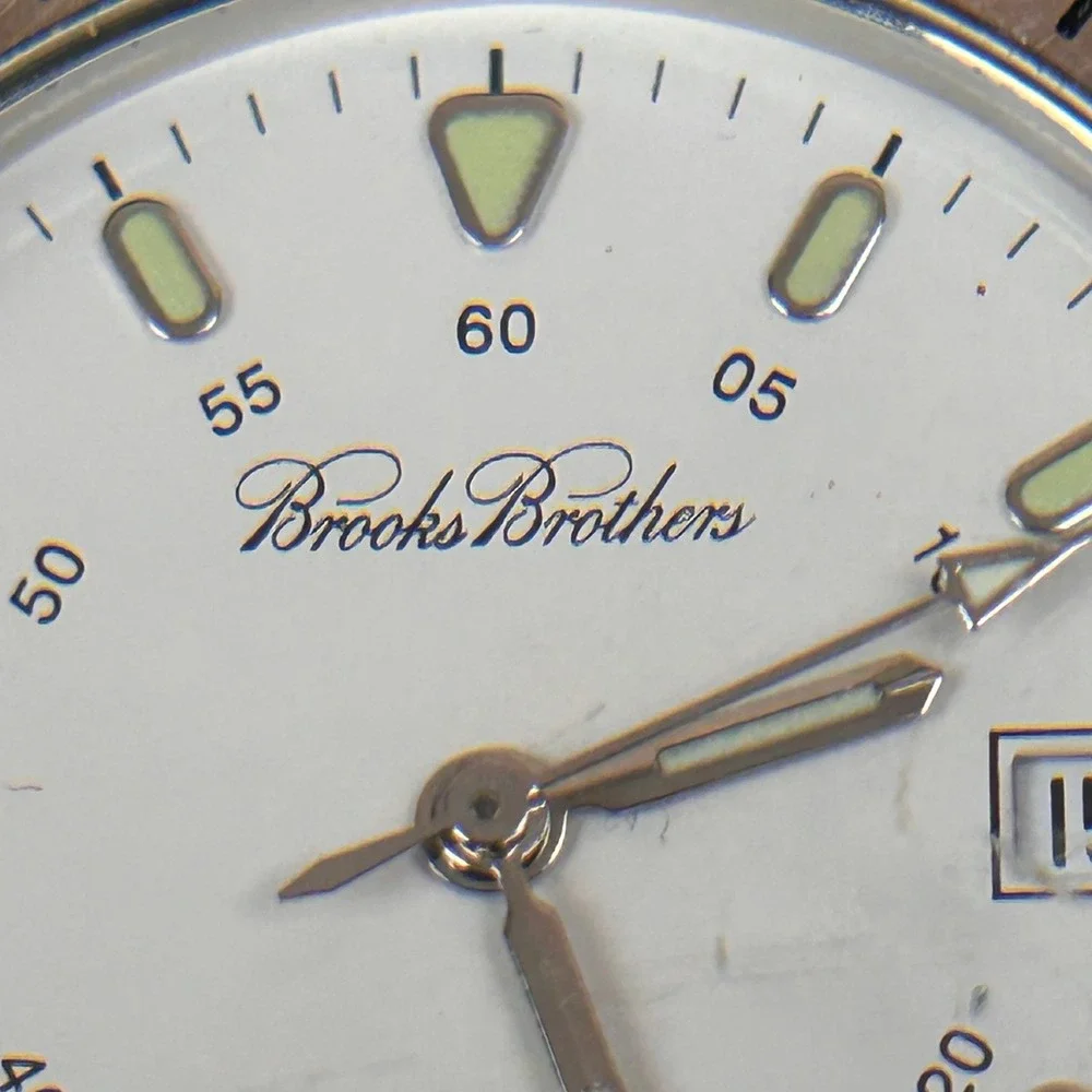 Brooks‎ Brothers Mens Watch BB3031 White Dial Brown Leather Band Swiss Movement